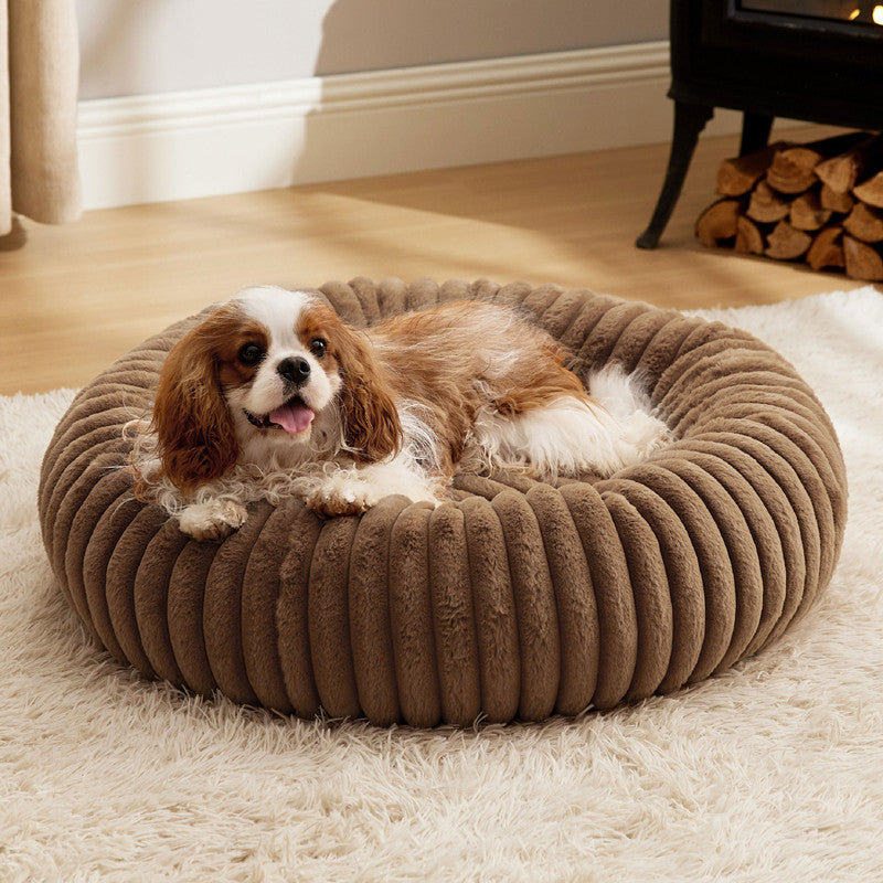 Round Plush Pet Bed With Warm Vertical Stripe Design